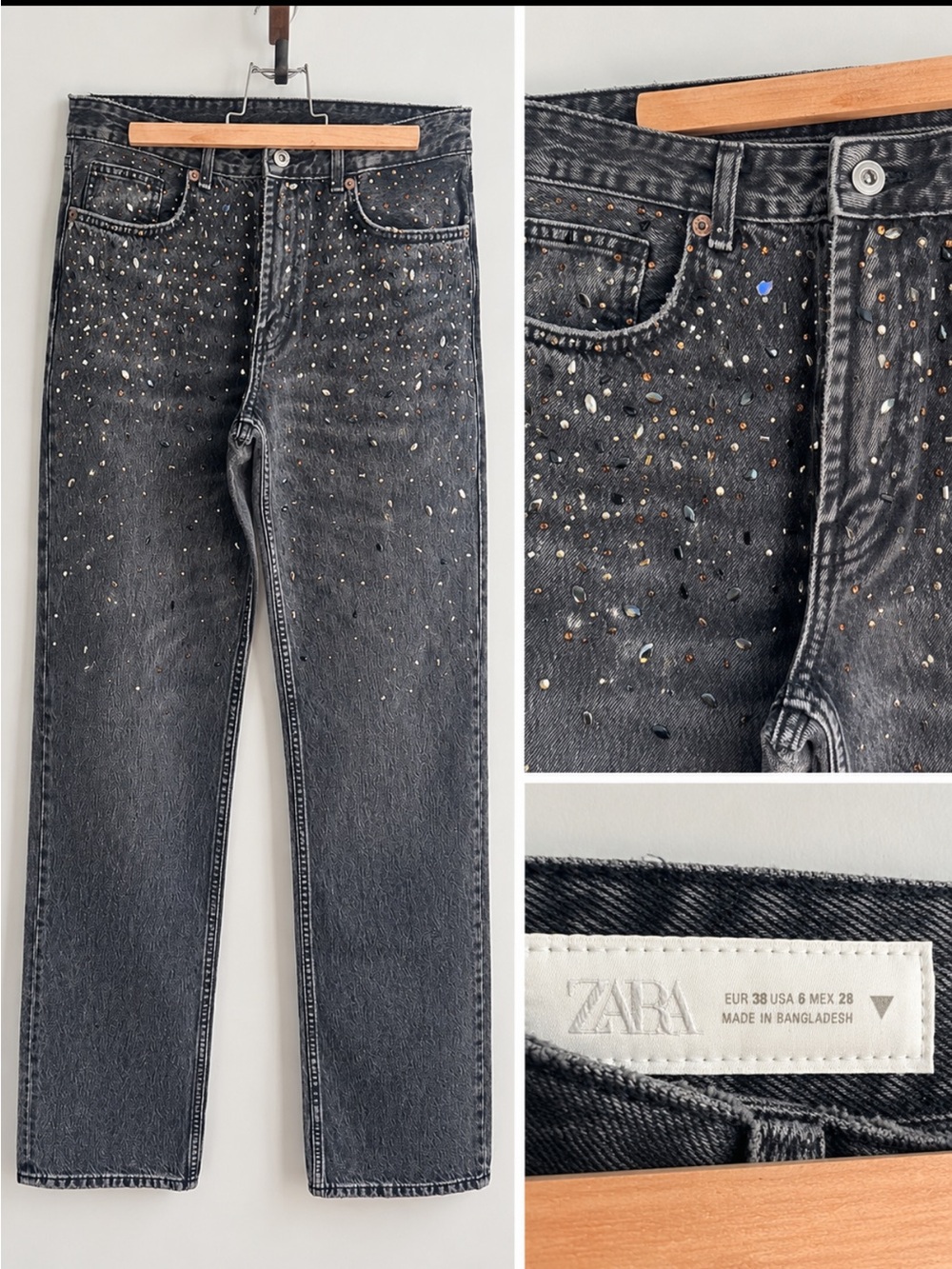 Zara Black Straight-Leg Jeans with Metallic Stud Detail